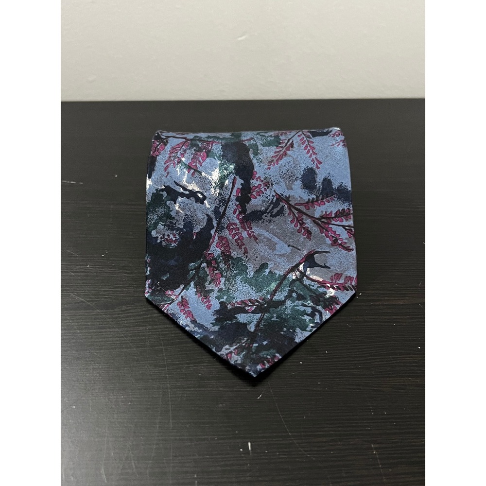 Robert Stewart Mens Silk Tie Abstract Botanical Floral Blue Gray Burgundy USA